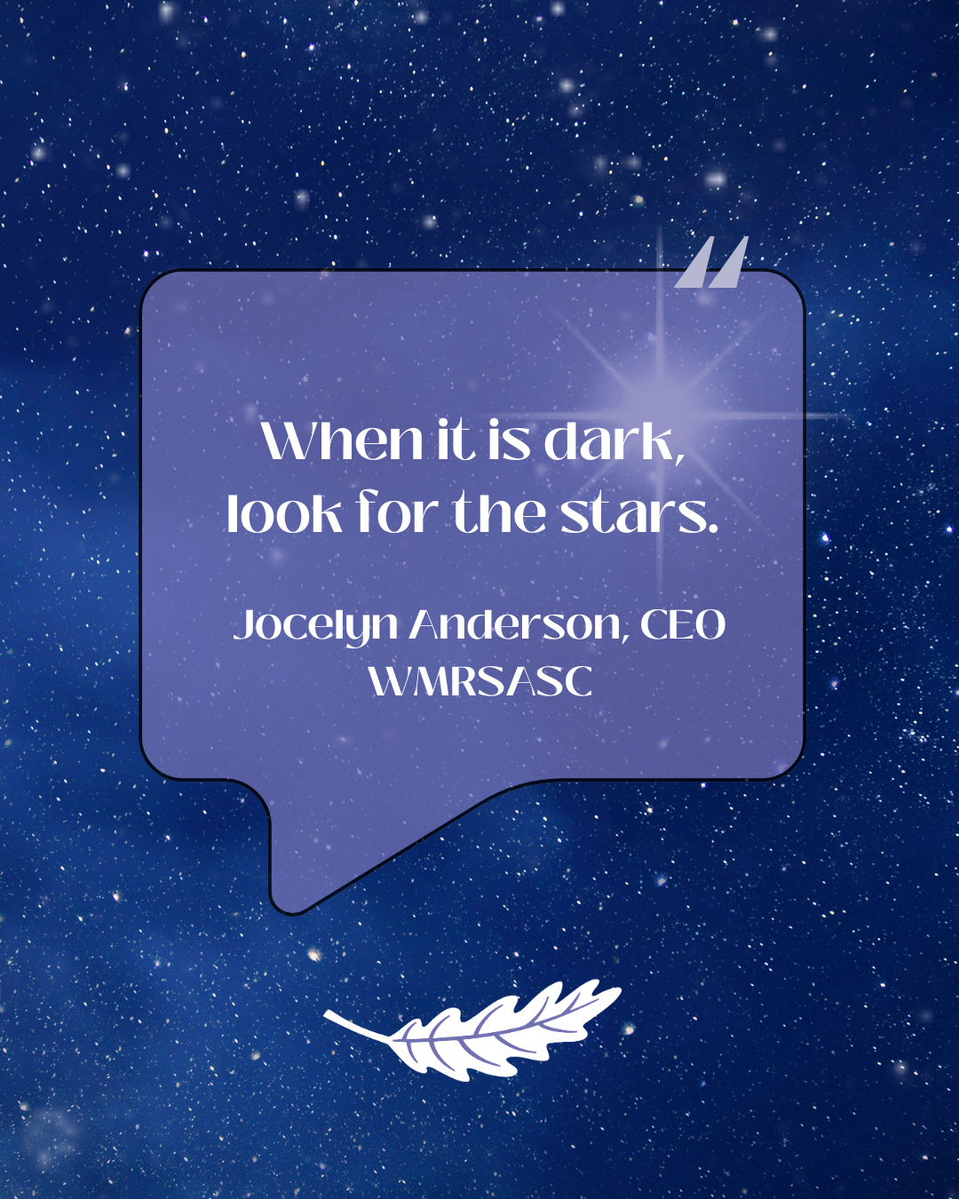 Starry night image with a quote box saying 'When it's dark, look for the stars' Jocelyn Anderson, CEO WMRSASC.